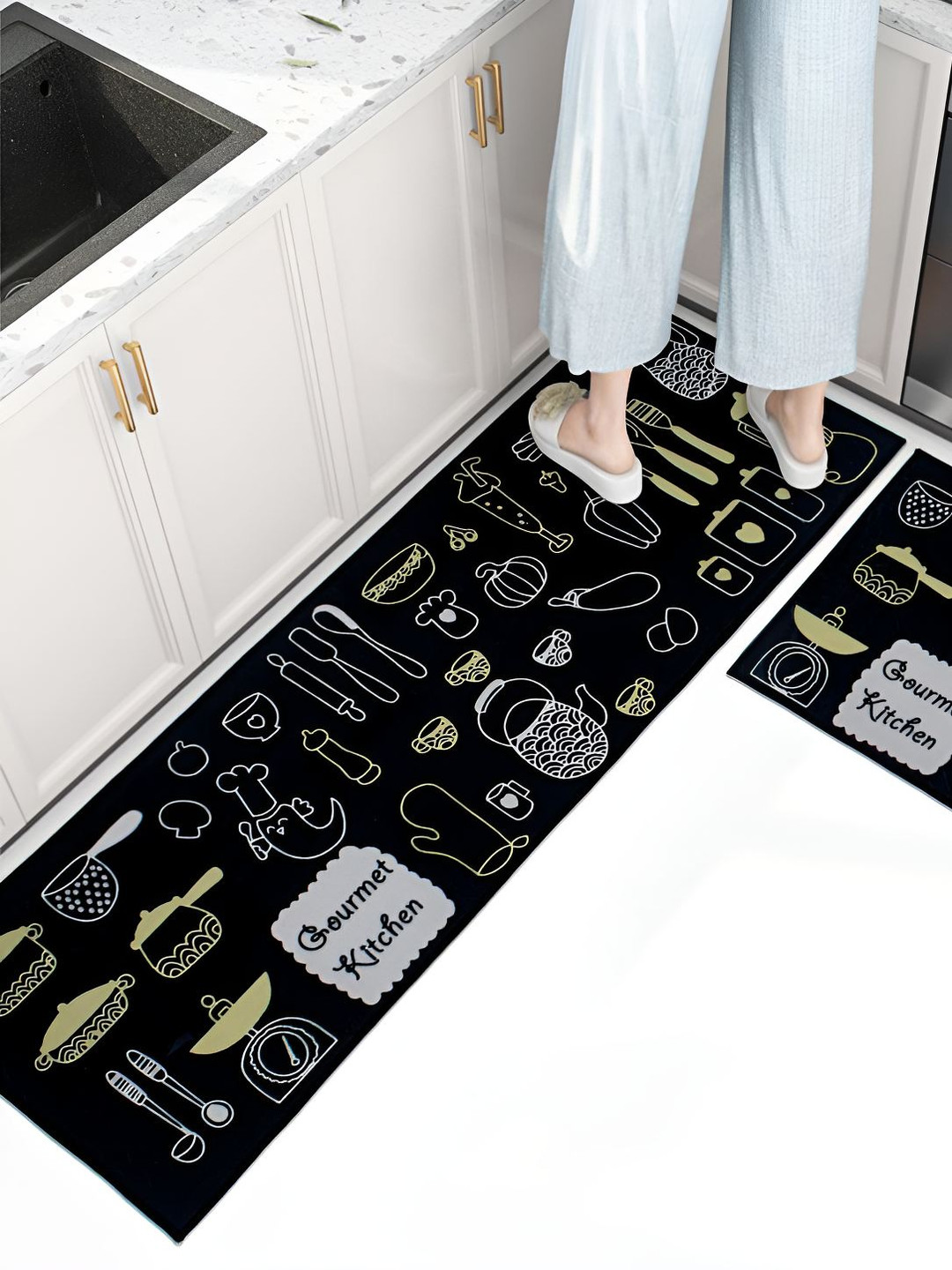 

HomeCloud Black & Yellow 2 Pieces Graphic Anti Skid Kitchen Mats