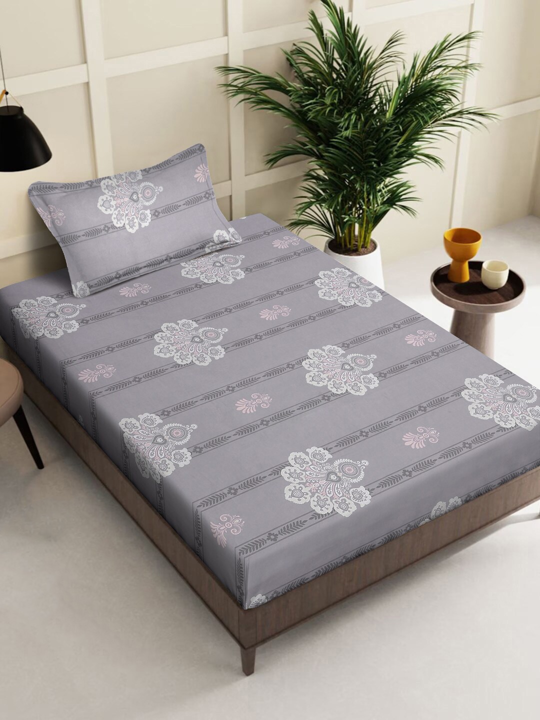 

KLOTTHE Grey Floral Printed 400 TC Pure Cotton Fitted Single Bedsheet Set