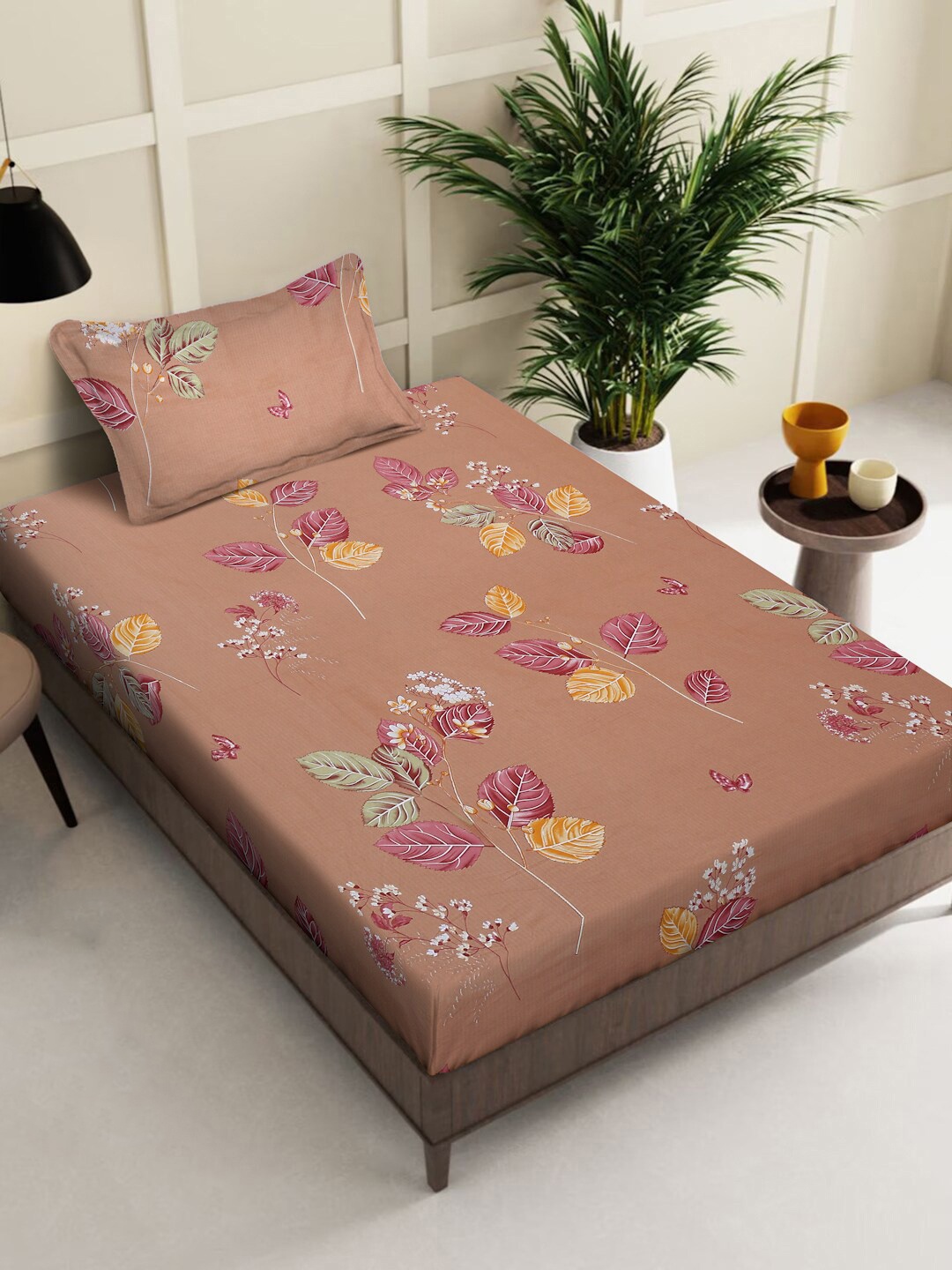 

KLOTTHE Blue Floral Printed 400 TC Pure Cotton Fitted Single Bedsheet Set, Brown
