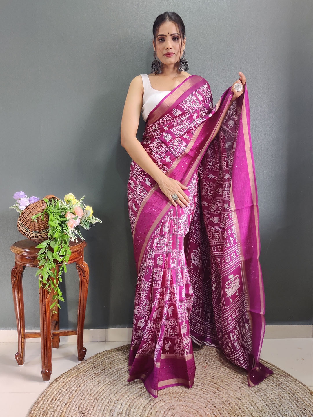 

ZILVIRA Warli Printed Silk Blend Designer Saree, Purple