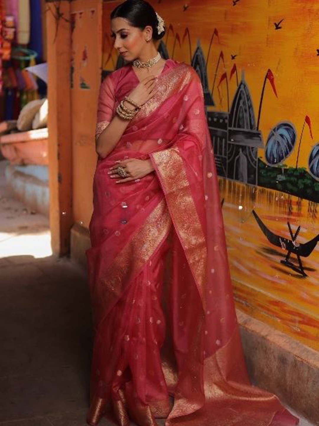 

ZILVIRA Zari Woven Design Organza Banarasi Saree, Peach