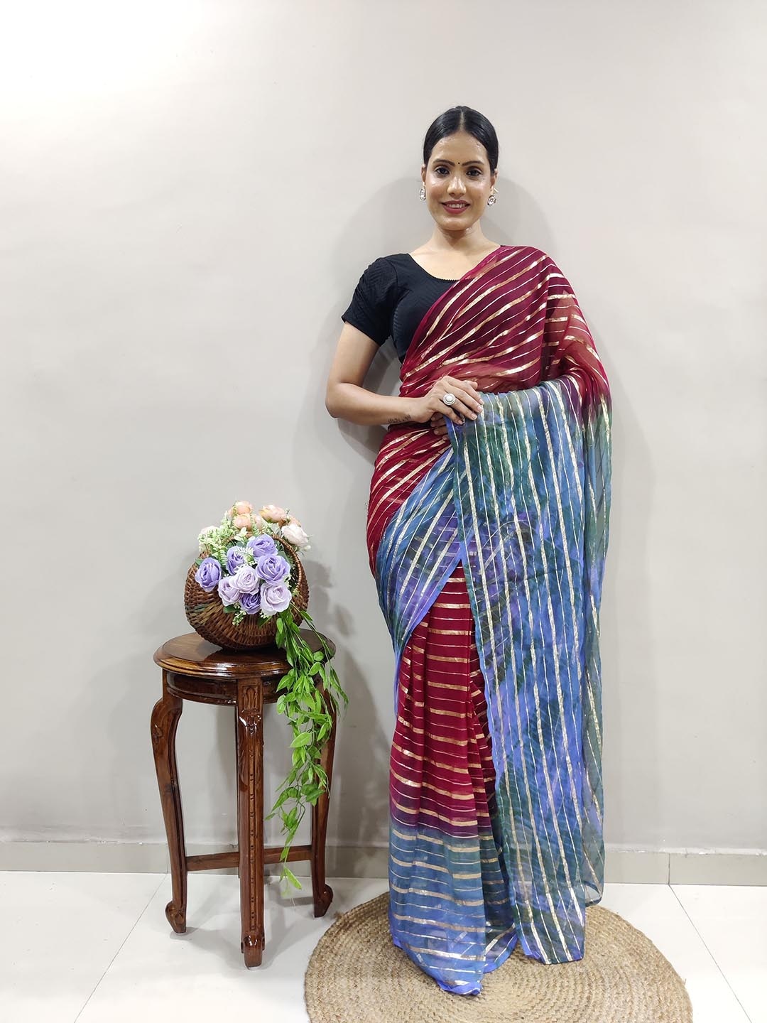 

ZILVIRA Zari Striped Leheriya Pure Georgette Saree, Maroon