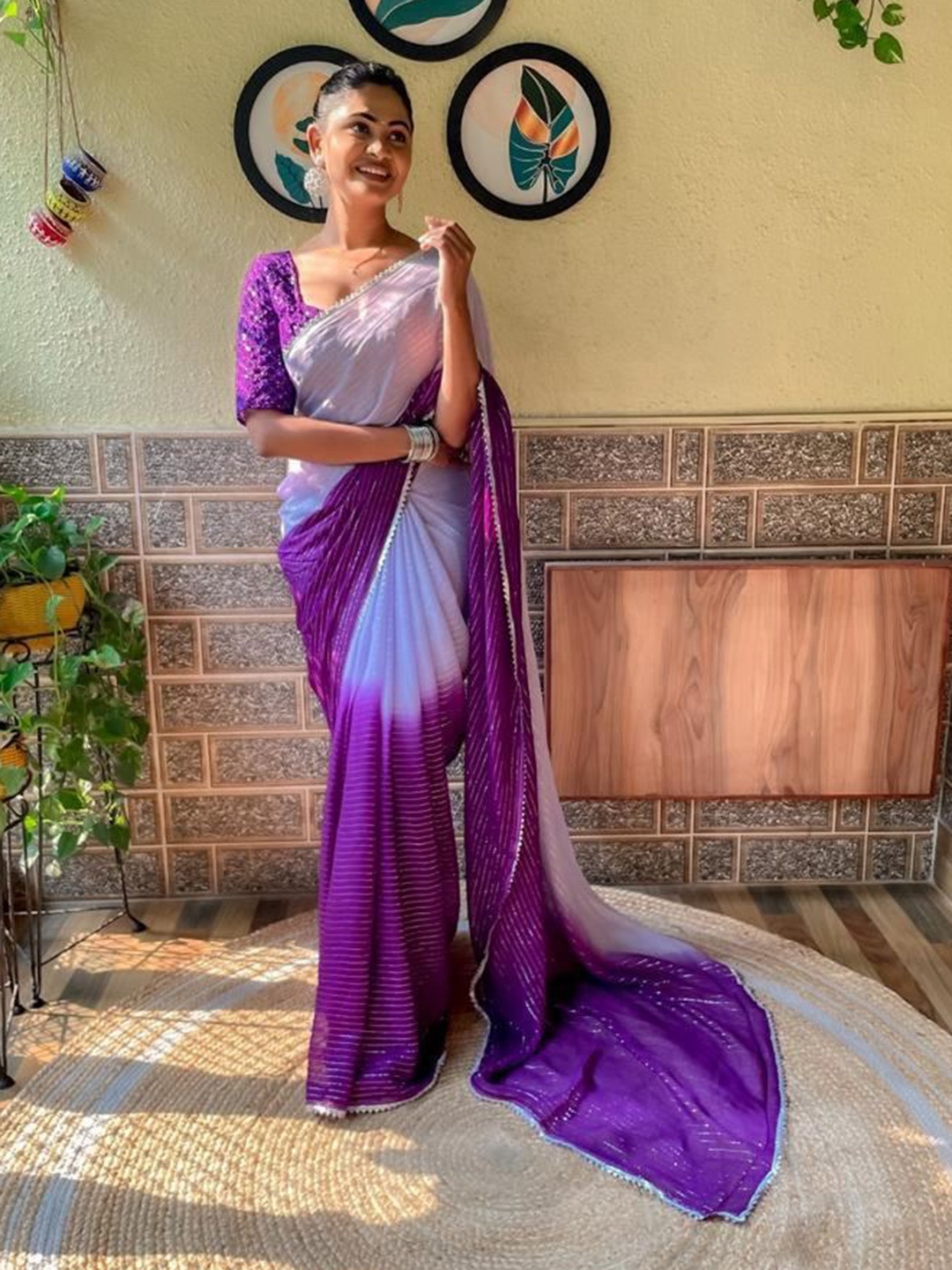 

ZILVIRA Leheriya Pure Georgette Designer Saree, Lavender