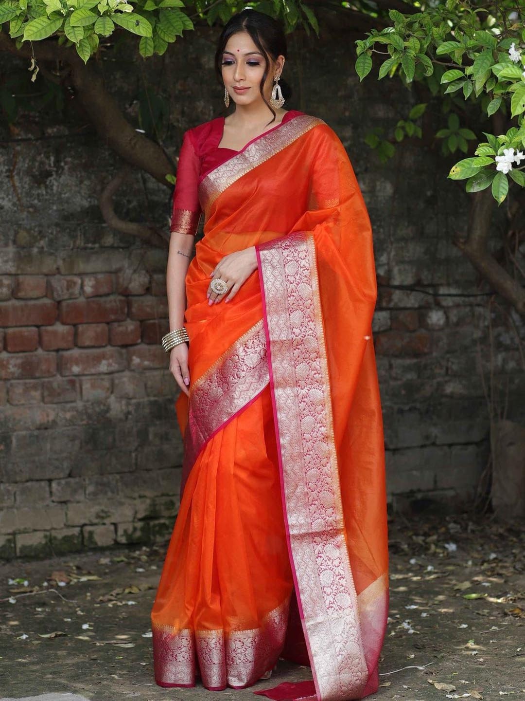 

ZILVIRA Zari Woven Design Organza Banarasi Saree, Orange
