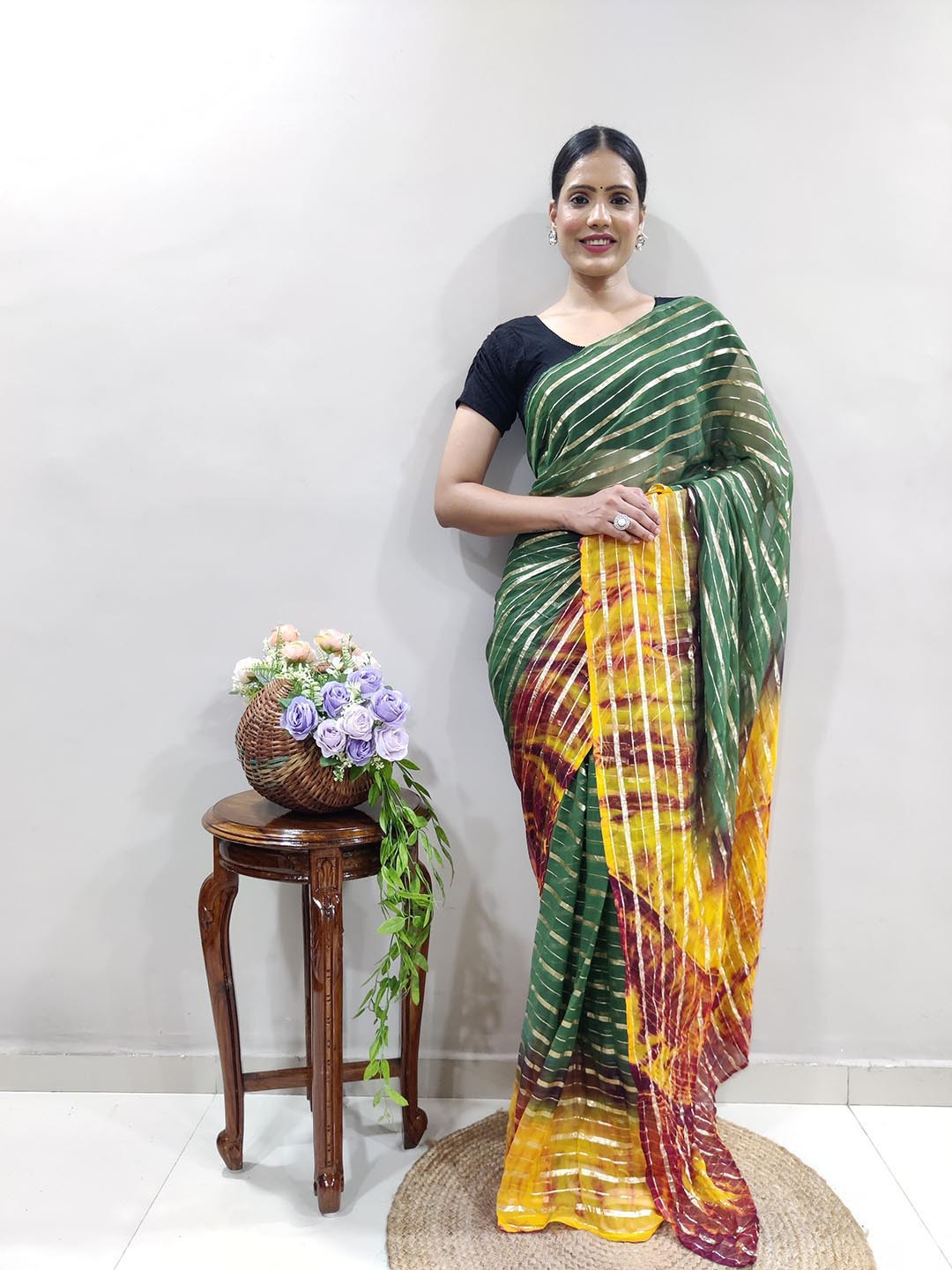 

ZILVIRA Leheriya Pure Georgette Designer Saree, Green