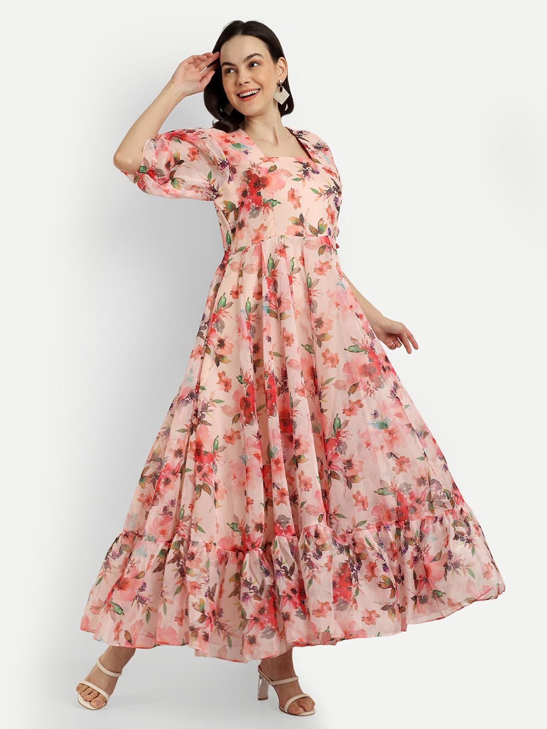 

SHINISHA Floral Printed Puff Sleeve Square Neck Gathered Maxi Dress, Peach