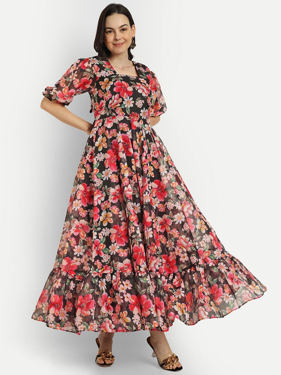 

SHINISHA Floral Printed Puff Sleeve Square Neck Gathered Maxi Dress, Black