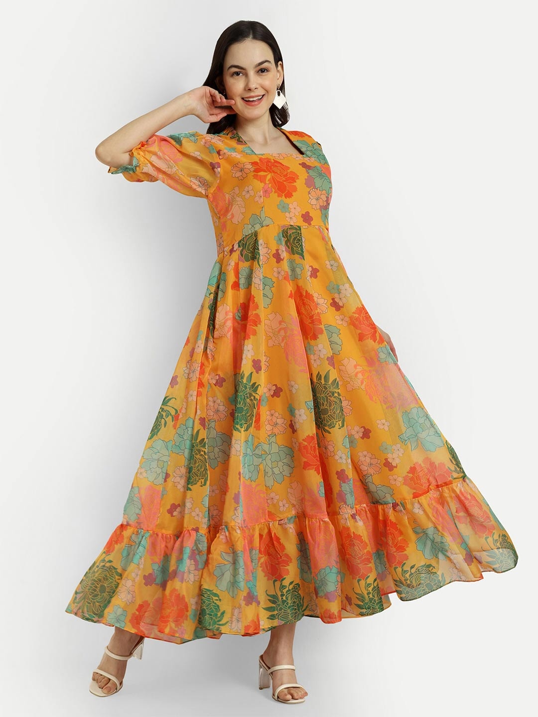 

SHINISHA Floral Print Puff Sleeve Maxi Dress, Mustard