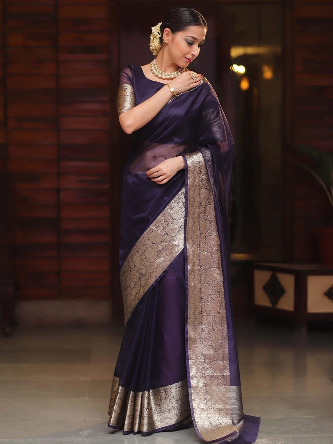 

PHEASANT Woven Design Organza Designer Banarasi Saree, Navy blue