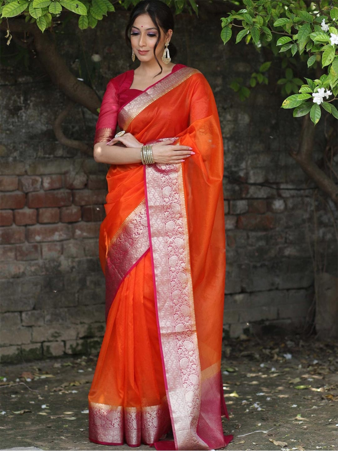 

PHEASANT Woven Design Organza Designer Banarasi Saree, Orange