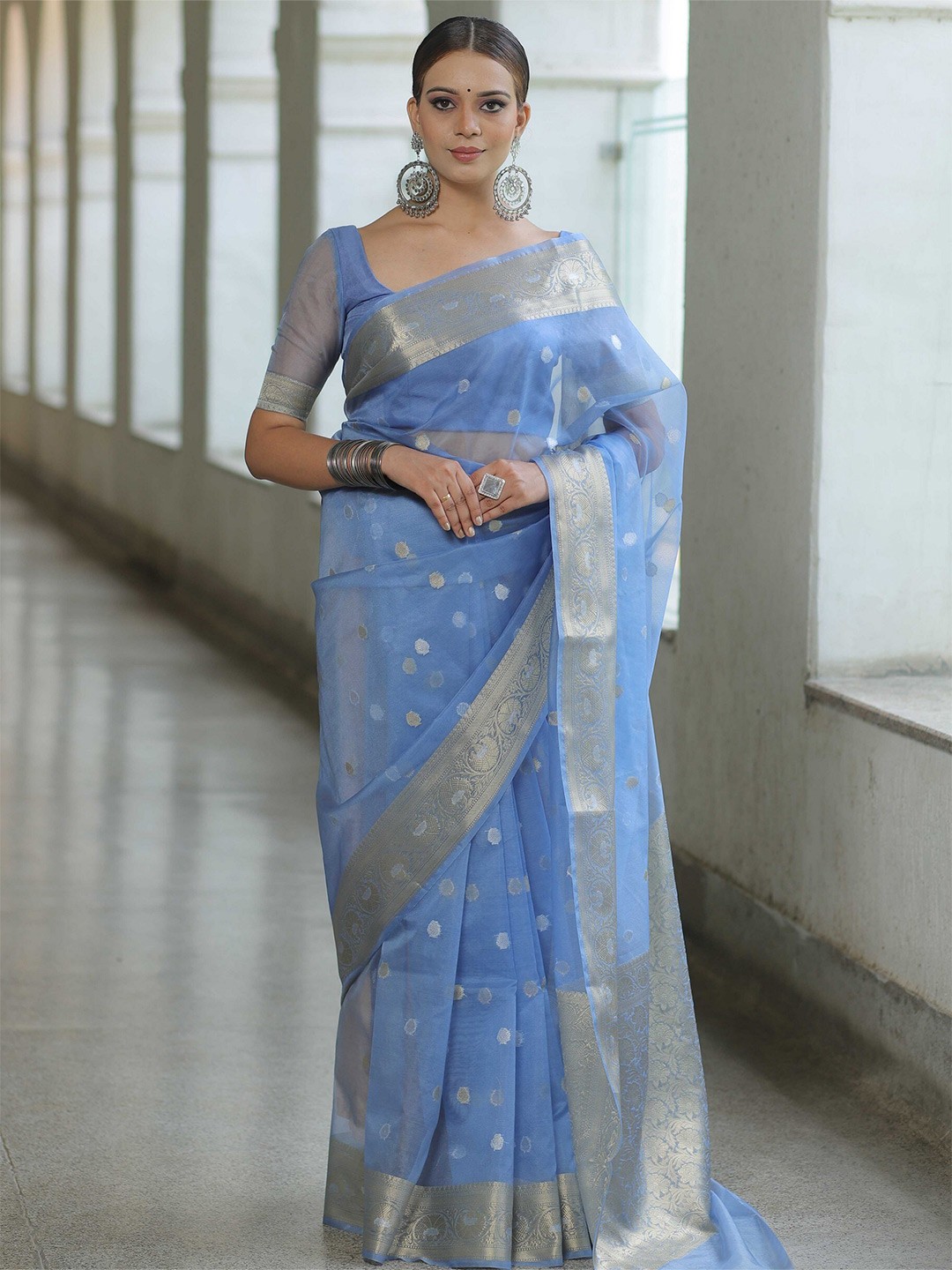 

PHEASANT Woven Design Organza Designer Banarasi Saree, Blue
