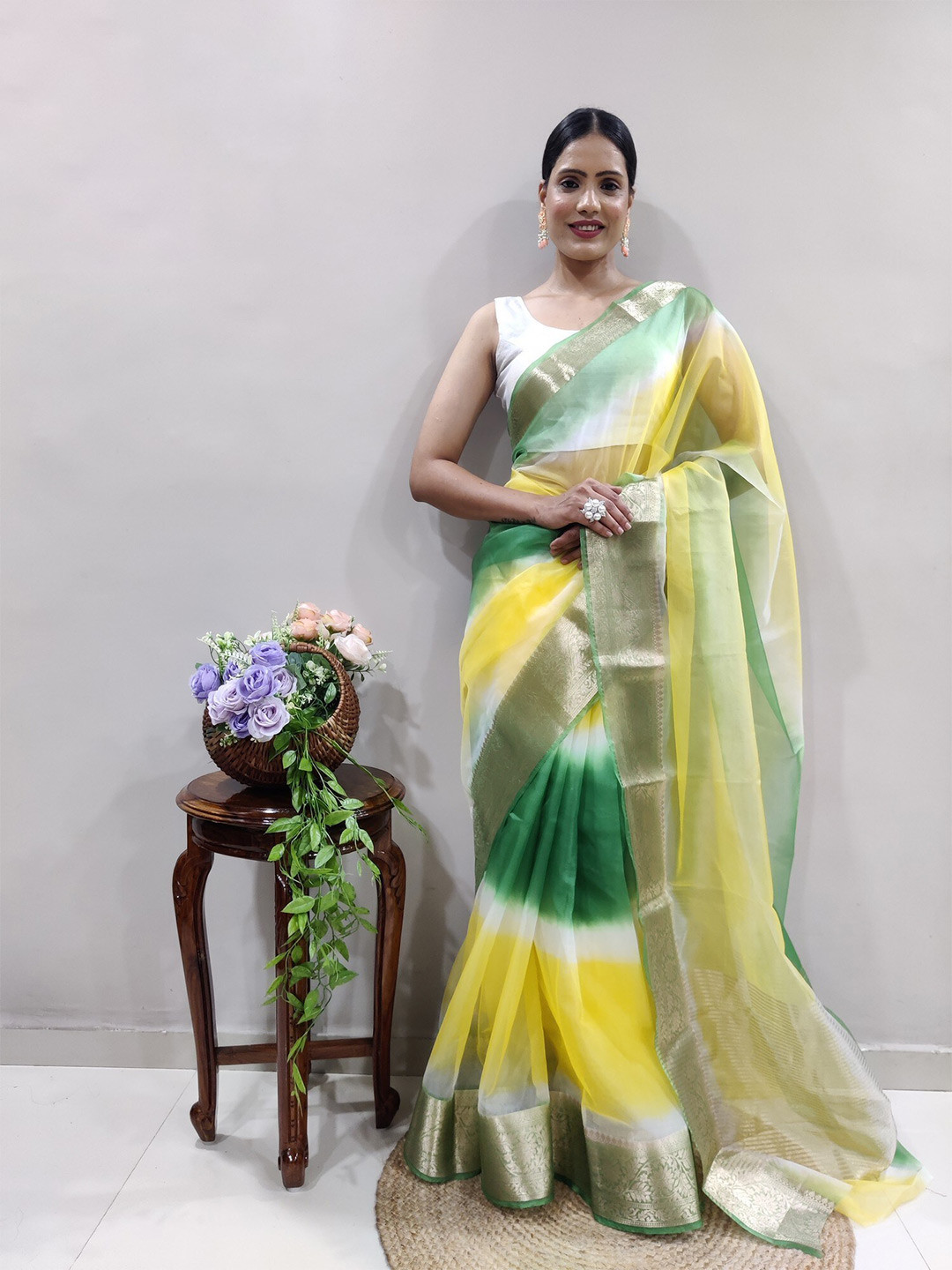 

PHEASANT Woven Design Organza Designer Banarasi Saree, Green