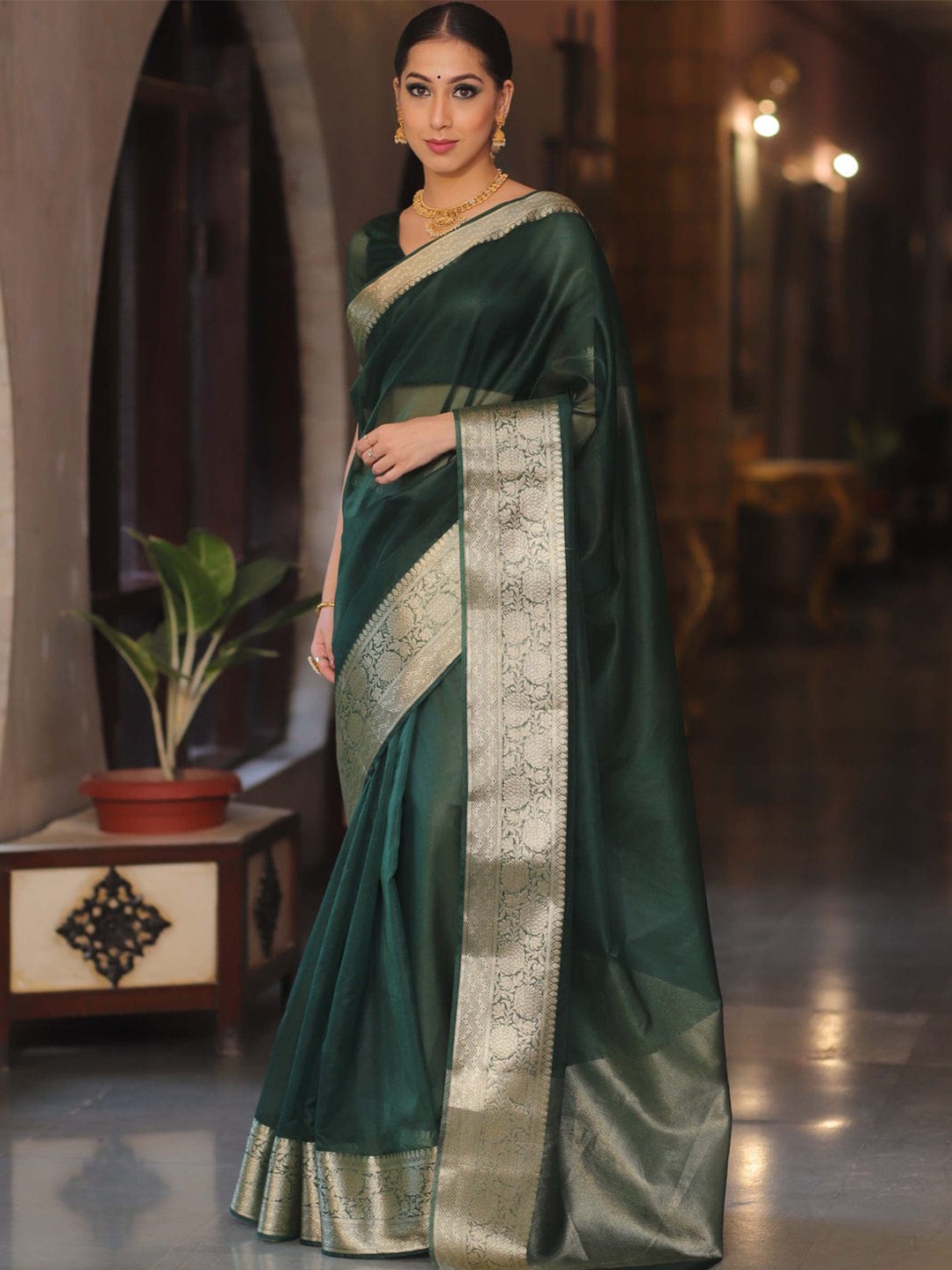 

PHEASANT Woven Design Organza Designer Banarasi Saree, Green