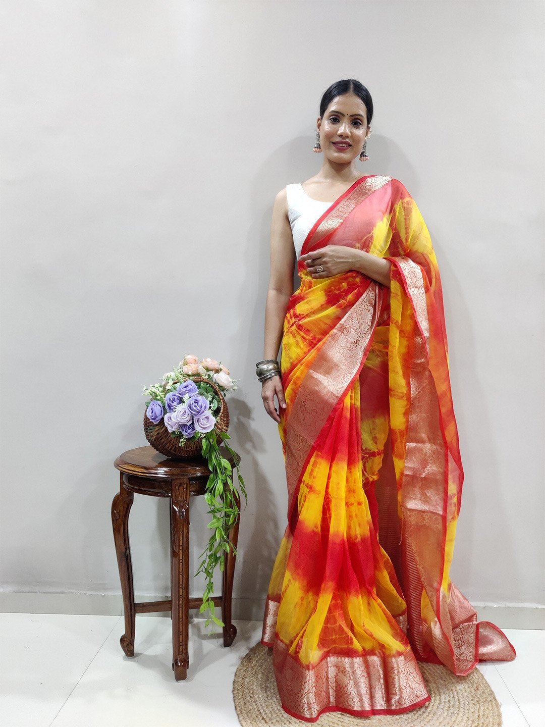 

PHEASANT Woven Design Organza Designer Banarasi Saree, Red