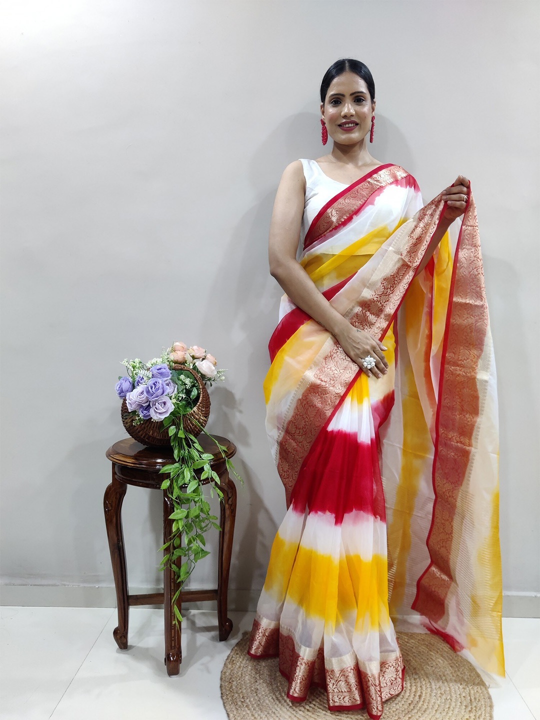 

PHEASANT Woven Design Organza Designer Banarasi Saree, Red