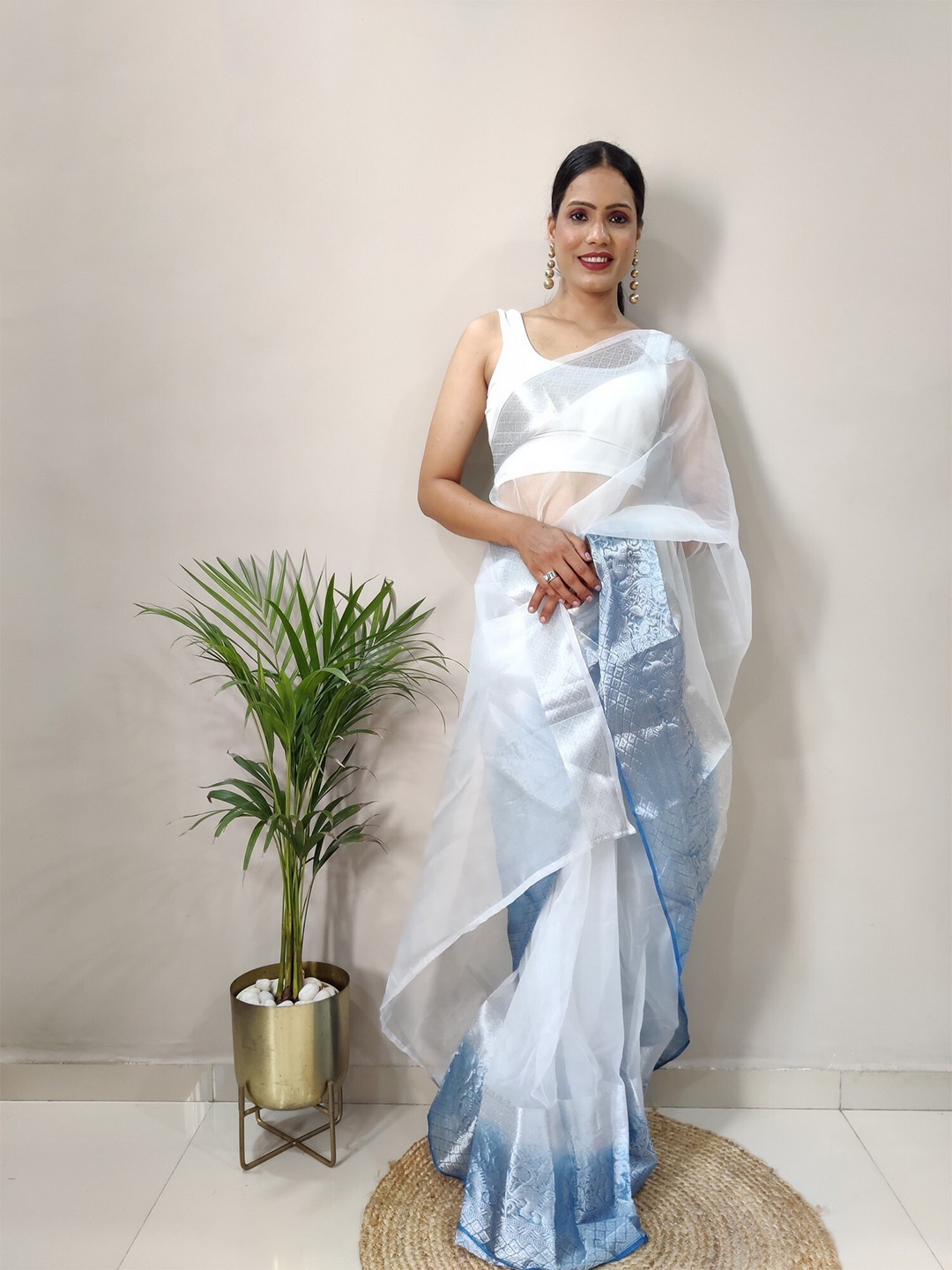 PHEASANT Woven Design Organza Designer Banarasi Saree, Blue