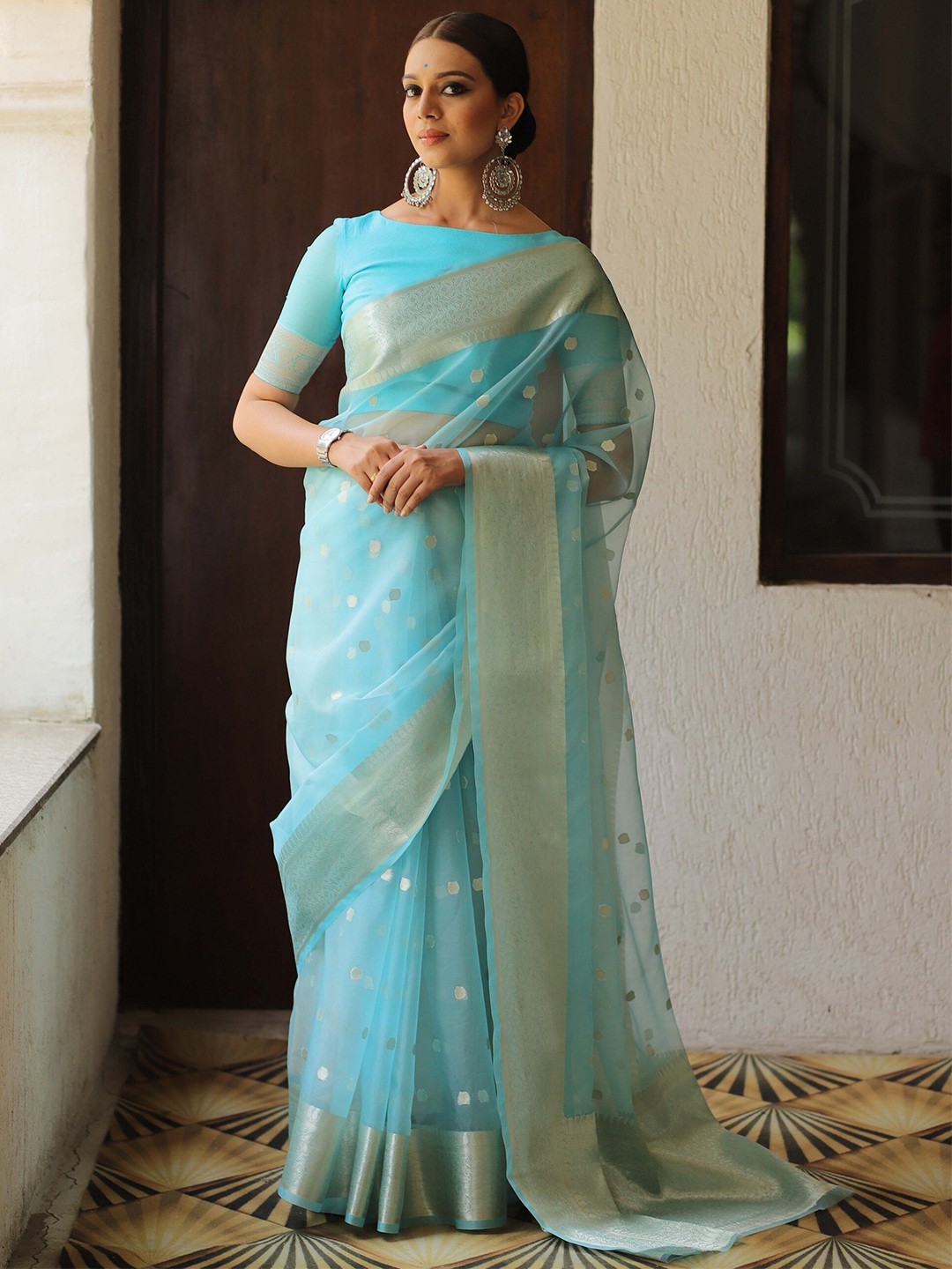 

PHEASANT Woven Design Organza Designer Banarasi Saree, Blue