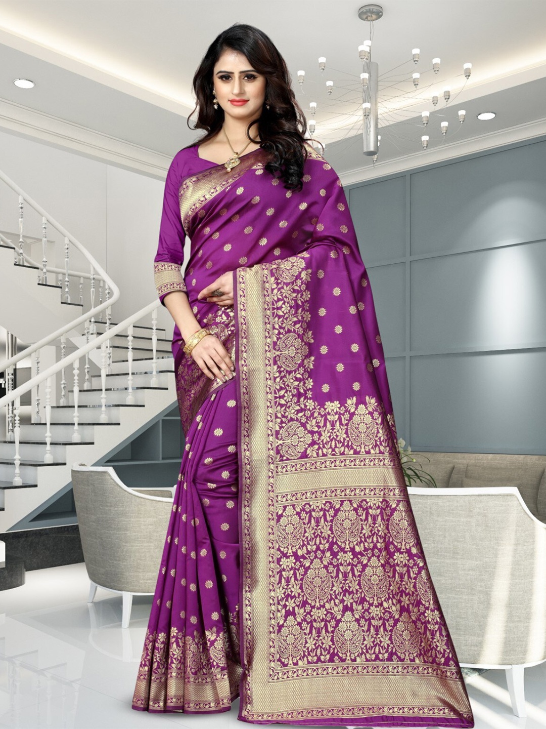 

PERVAS Woven Design Silk Cotton Kanjeevaram Saree, Purple