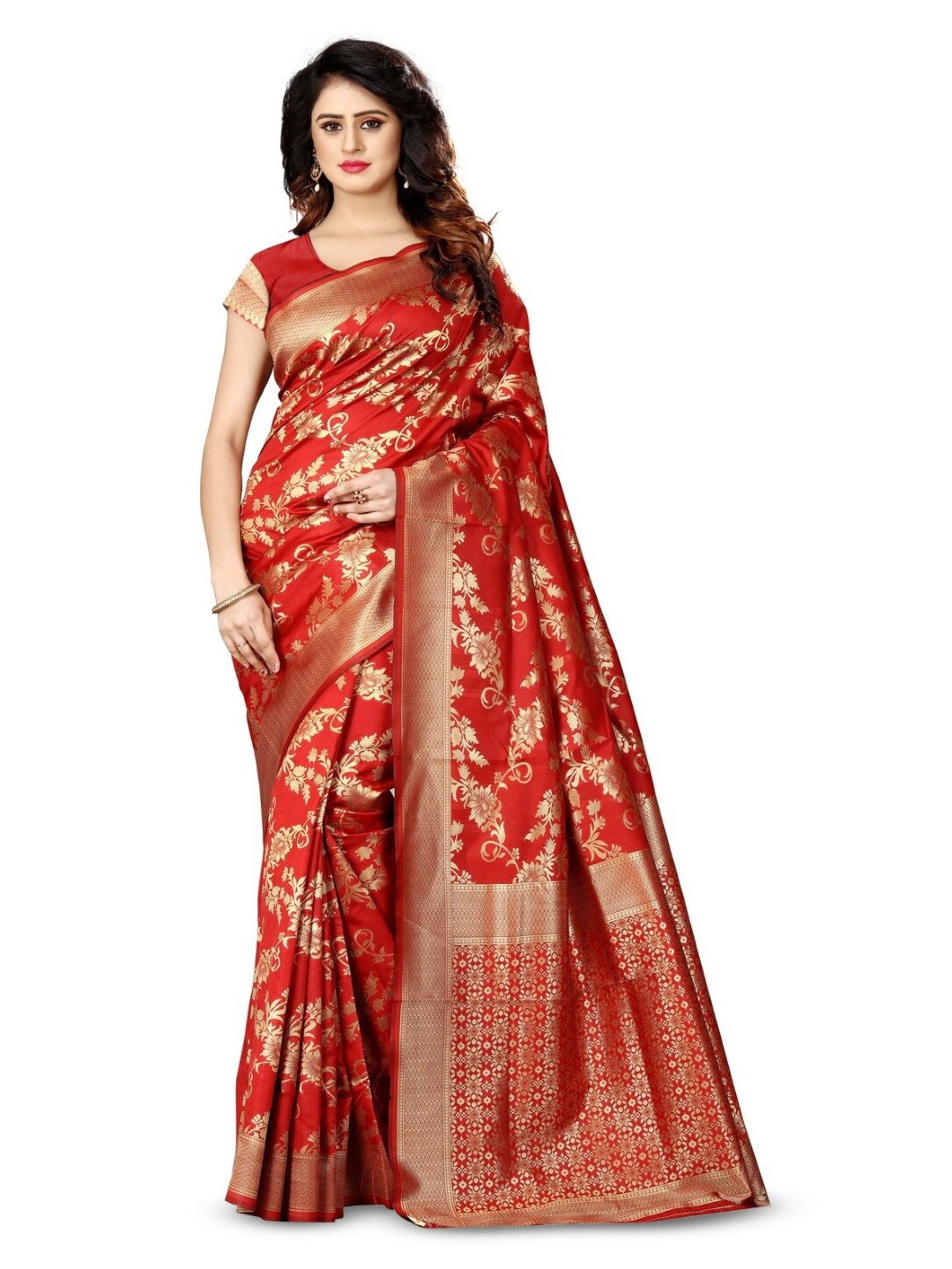 

PERVAS Woven Design Silk Cotton Half and Half Kanjeevaram Saree, Red