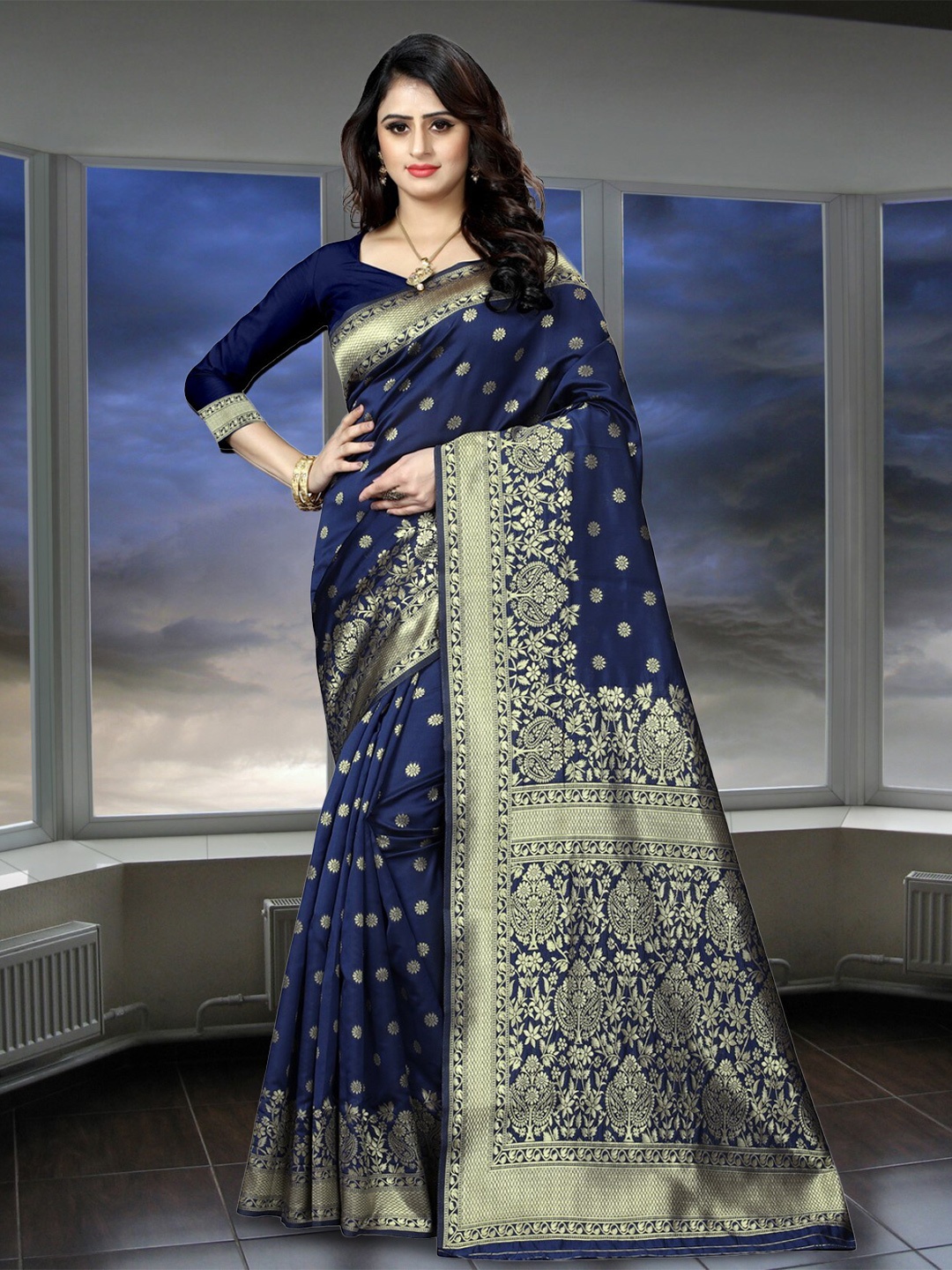 

PERVAS Woven Design Silk Cotton Kanjeevaram Saree, Navy blue