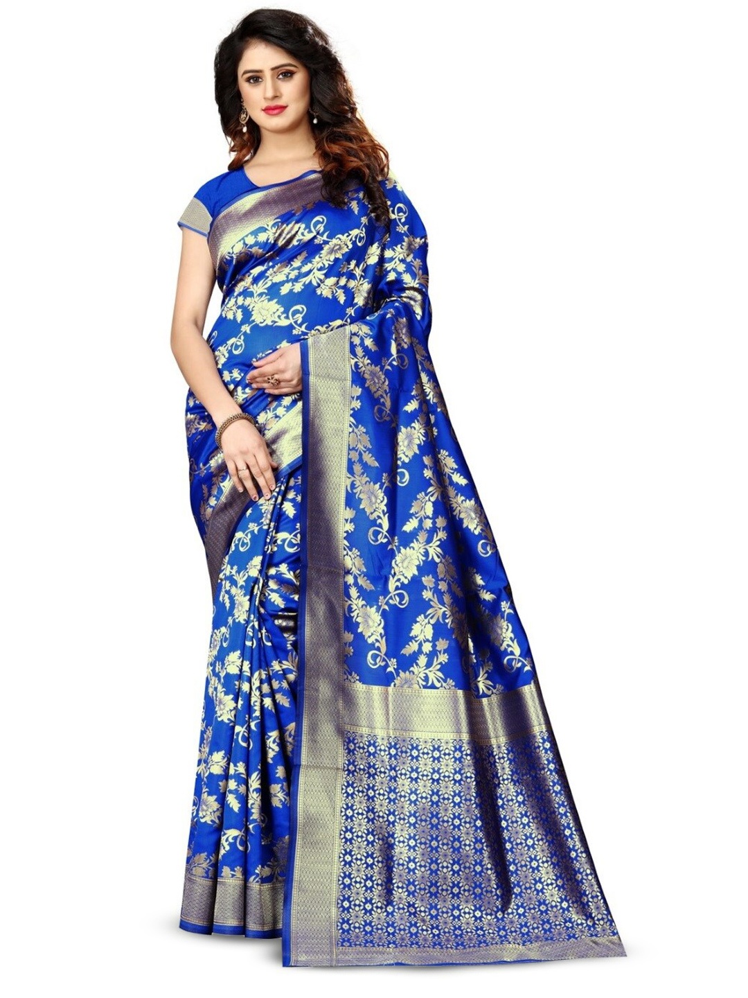 

PERVAS Woven Design Silk Cotton Kanjeevaram Saree, Blue