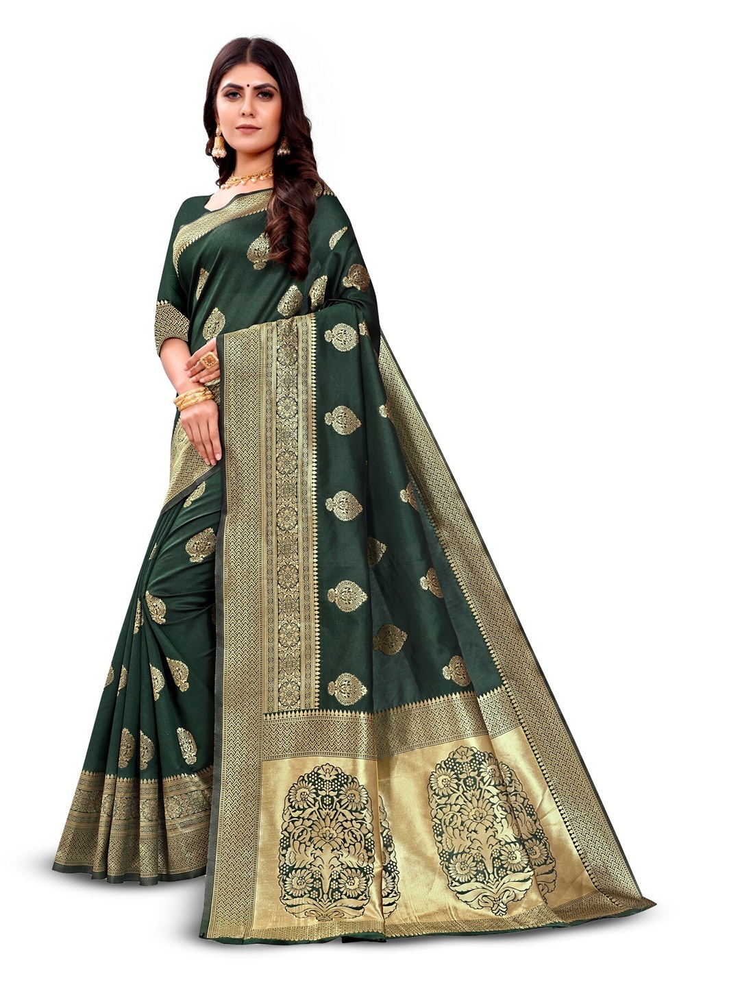 

PERVAS Woven Design Silk Cotton Half and Half Kanjeevaram Saree, Green