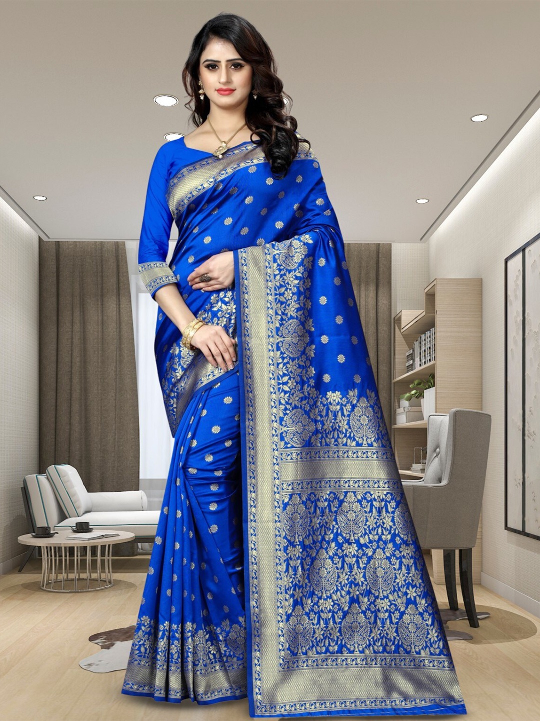 

PERVAS Woven Design Silk Cotton Kanjeevaram Saree, Blue