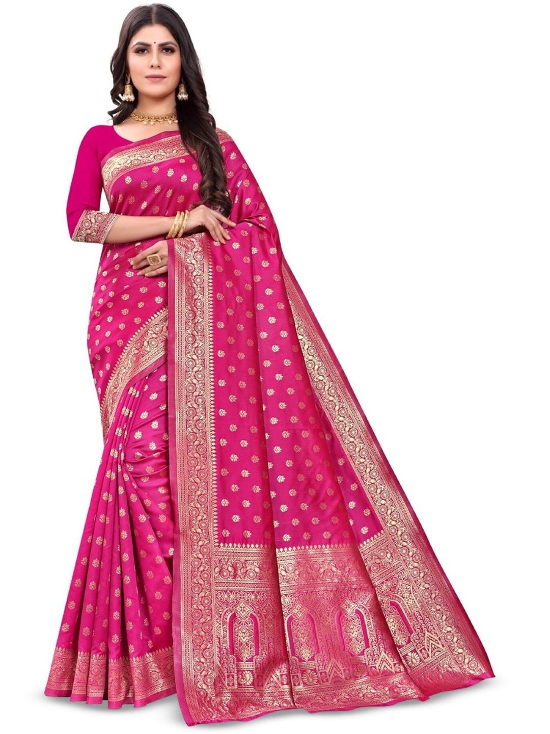 

PERVAS Woven Design Silk Cotton Kanjeevaram Saree, Pink