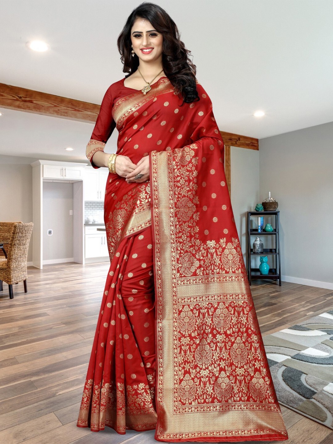 

PERVAS Woven Design Silk Cotton Kanjeevaram Saree, Red