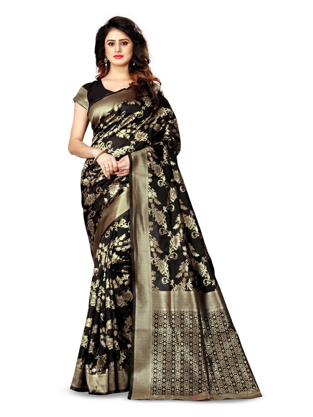 

PERVAS Woven Design Silk Cotton Half and Half Kanjeevaram Saree, Black