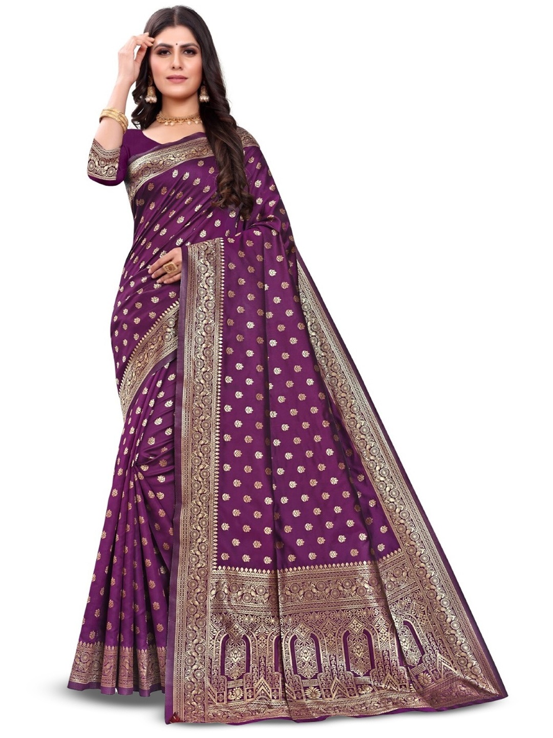 

PERVAS Woven Design Silk Cotton Half and Half Kanjeevaram Saree, Purple