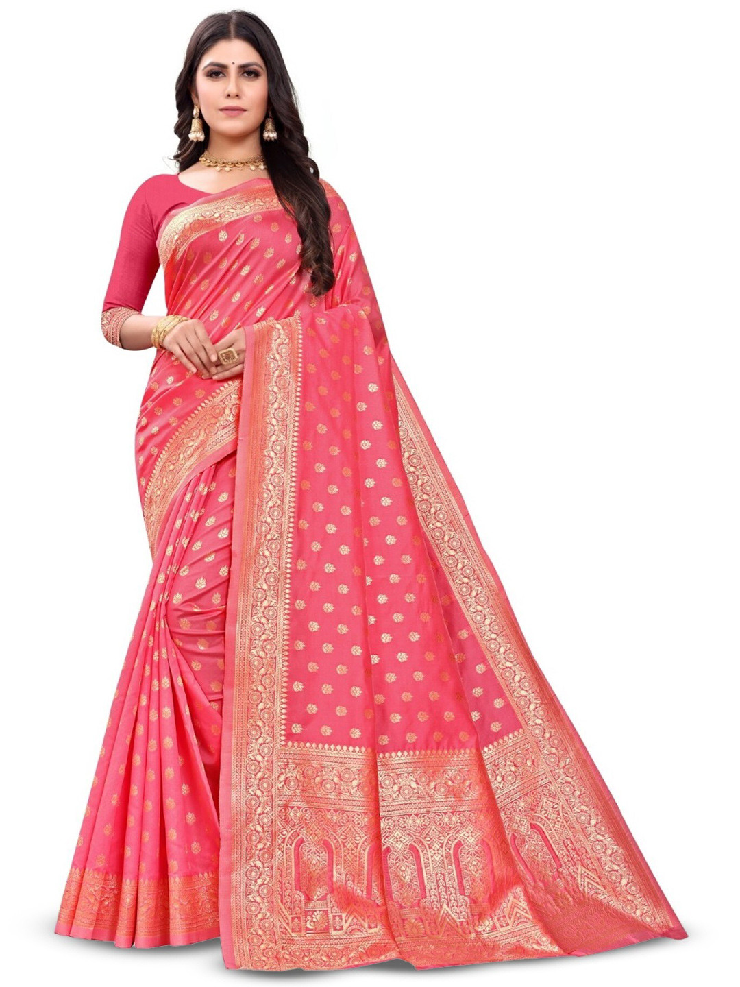 

PERVAS Woven Design Silk Cotton Kanjeevaram Saree, Peach