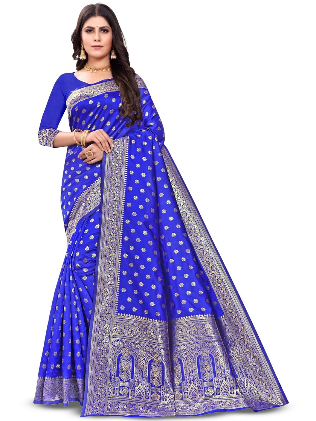 

PERVAS Woven Design Silk Cotton Kanjeevaram Saree, Blue