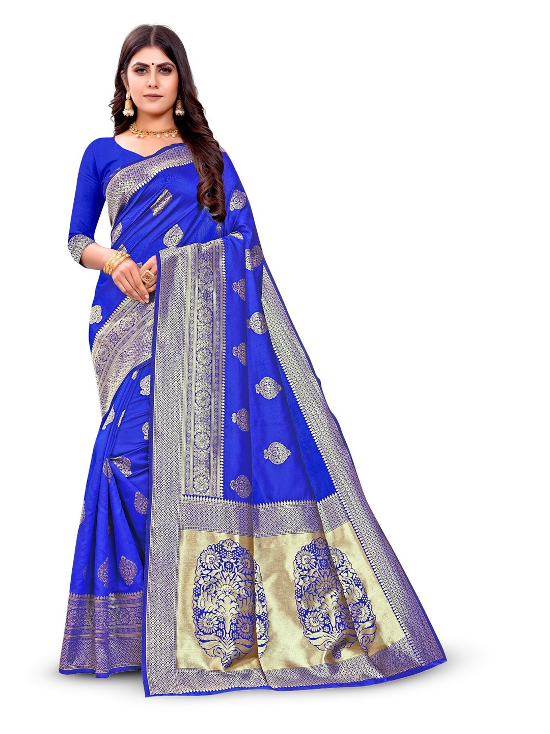 

PERVAS Woven Design Silk Cotton Half and Half Kanjeevaram Saree, Blue