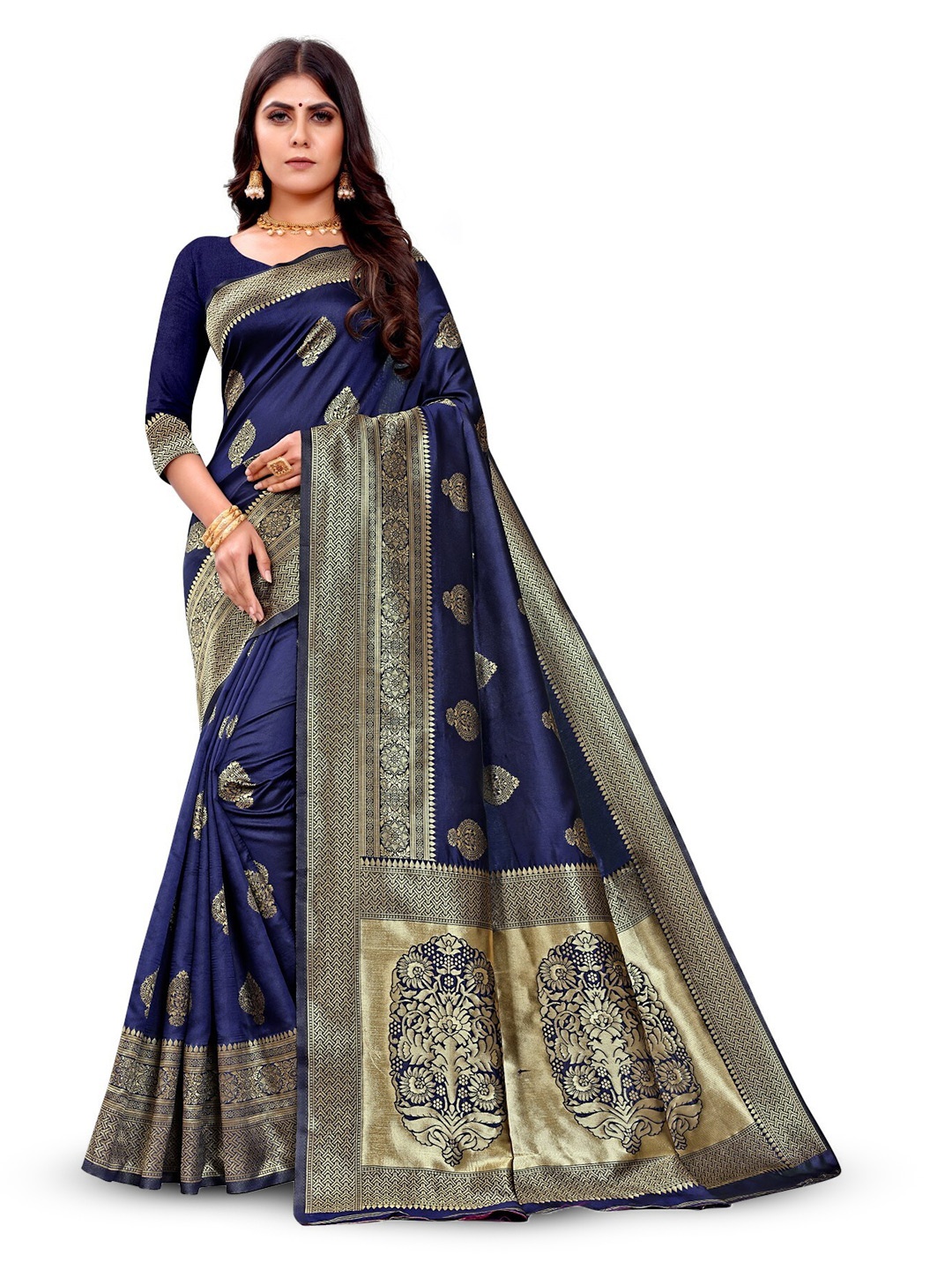 

PERVAS Woven Design Silk Cotton Kanjeevaram Saree, Navy blue