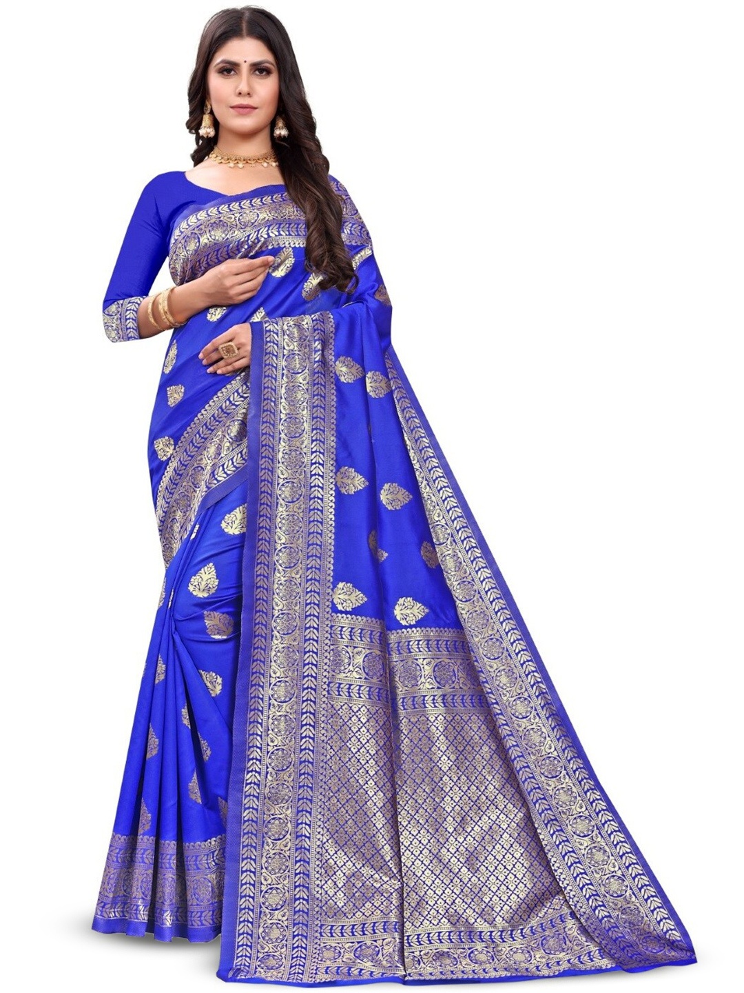 

PERVAS Woven Design Silk Cotton Kanjeevaram Saree, Blue