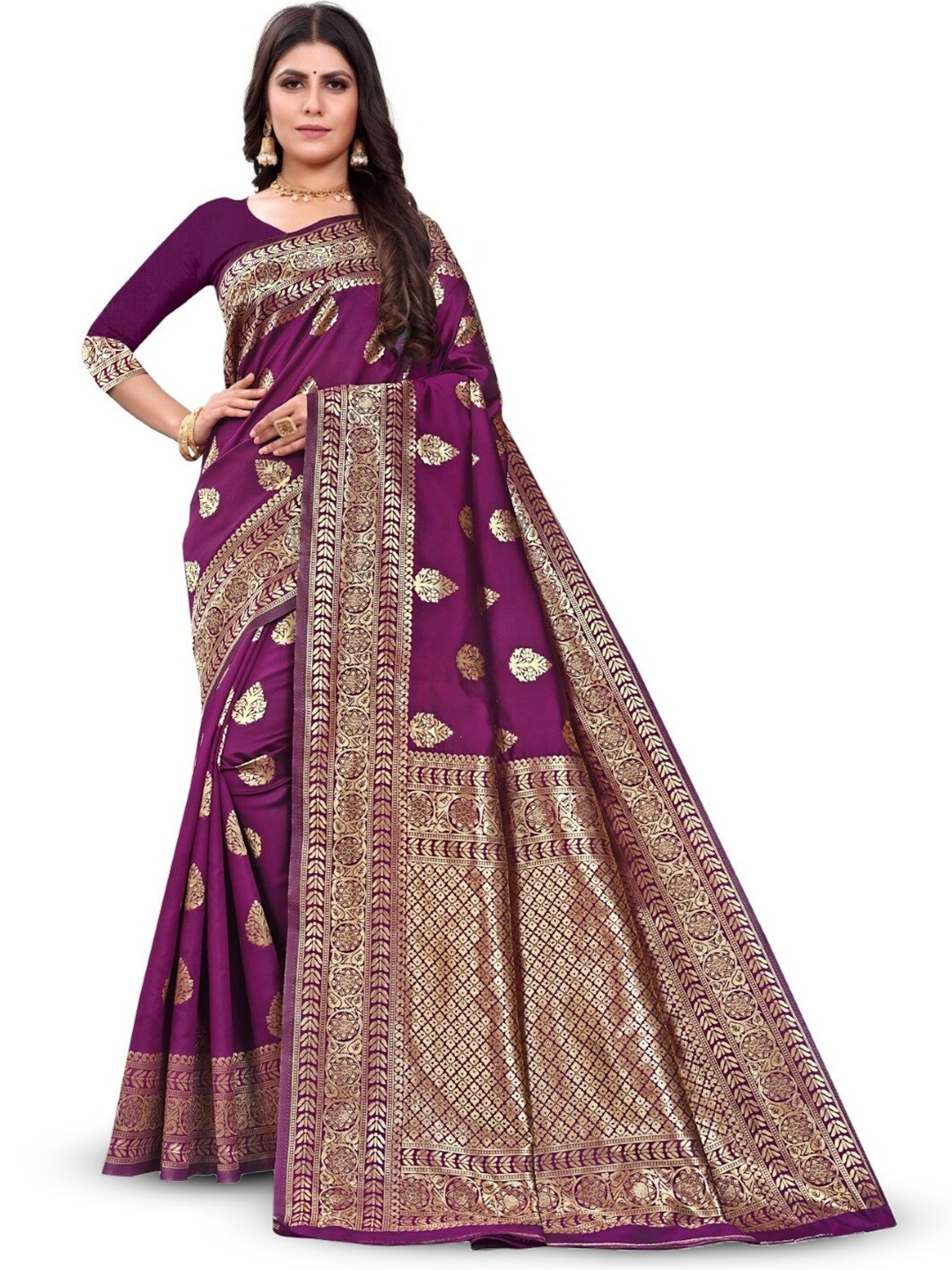 

PERVAS Woven Design Silk Cotton Kanjeevaram Saree, Purple