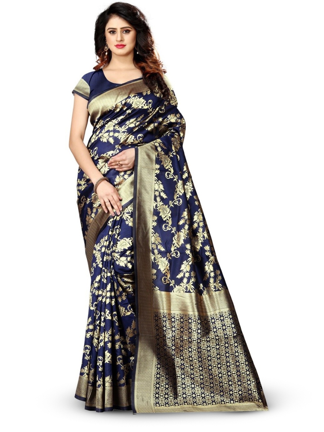 

PERVAS Woven Design Silk Cotton Kanjeevaram Saree, Navy blue