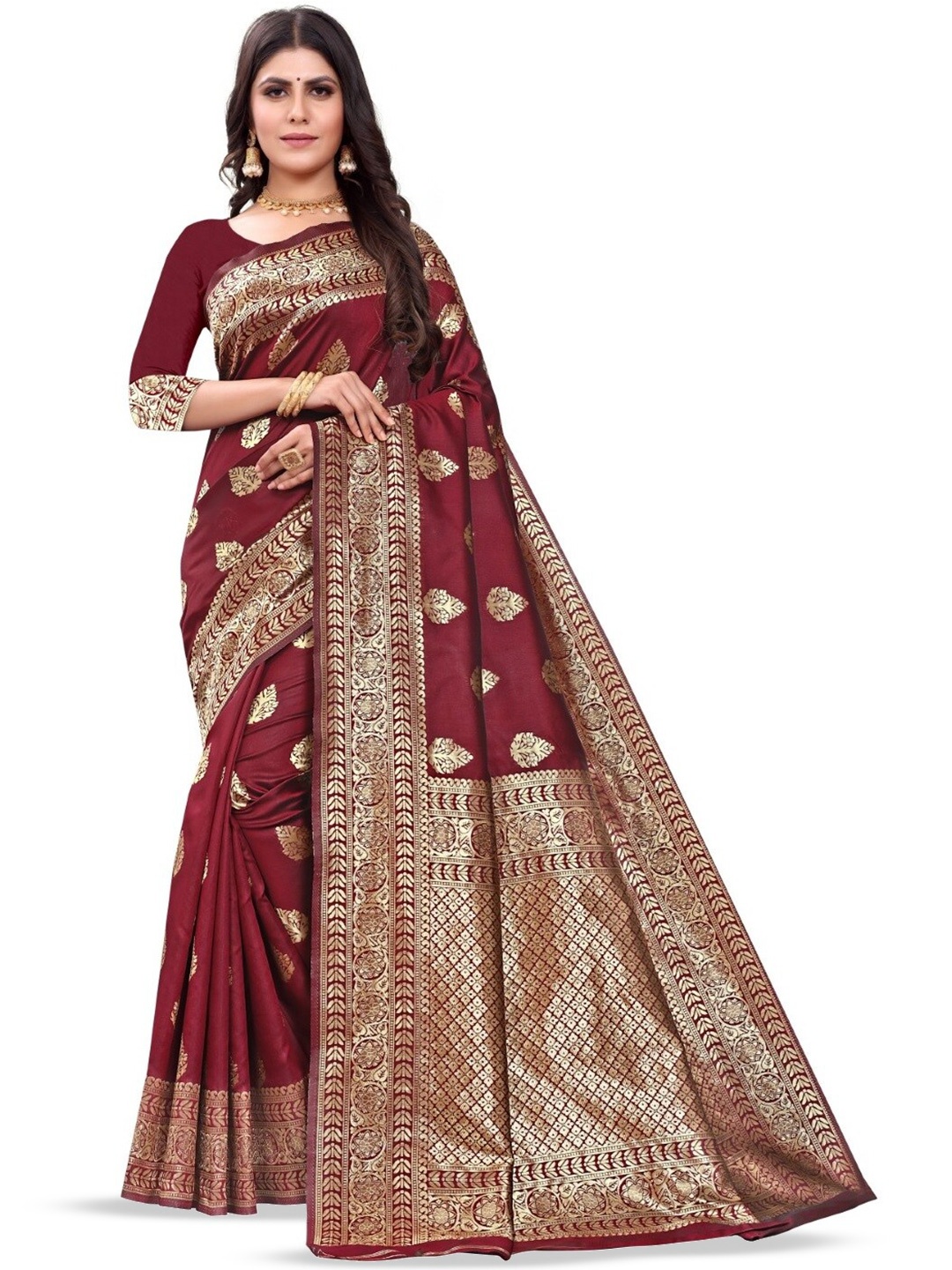 

PERVAS Woven Design Silk Cotton Half and Half Kanjeevaram Saree, Maroon