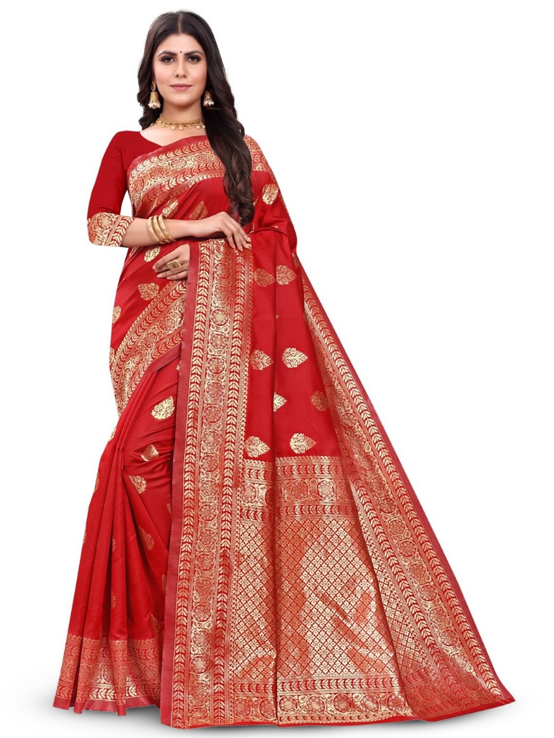 

PERVAS Woven Design Silk Cotton Kanjeevaram Saree, Red