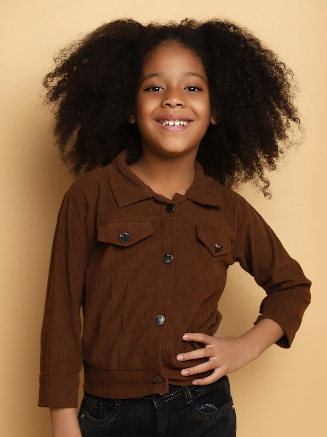 

V-Mart Girl Mandarin Collar Cotton Top, Brown