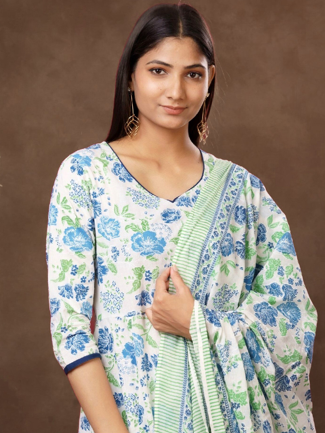 

mokshi Blue & White Floral Printed V-Neck Anarkali Cotton Kurta With Palazzo & Dupatta