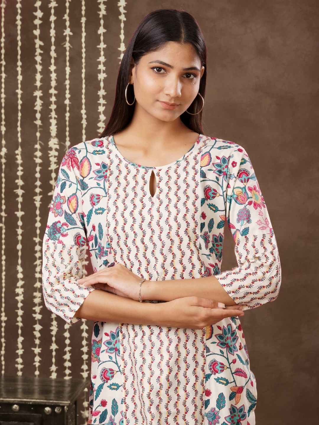 

mokshi Beige & Pink Floral Printed Straight Kurta With Palazzo