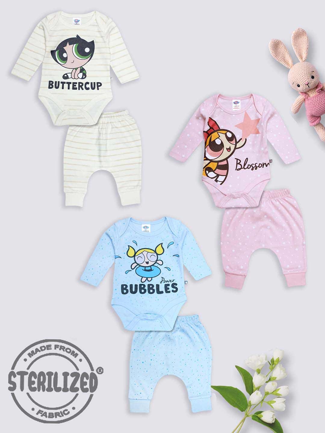 

Moms Love Infants Pack Of 3 Assorted Powerpuff Girls Printed Cotton Bodysuit & Trousers
