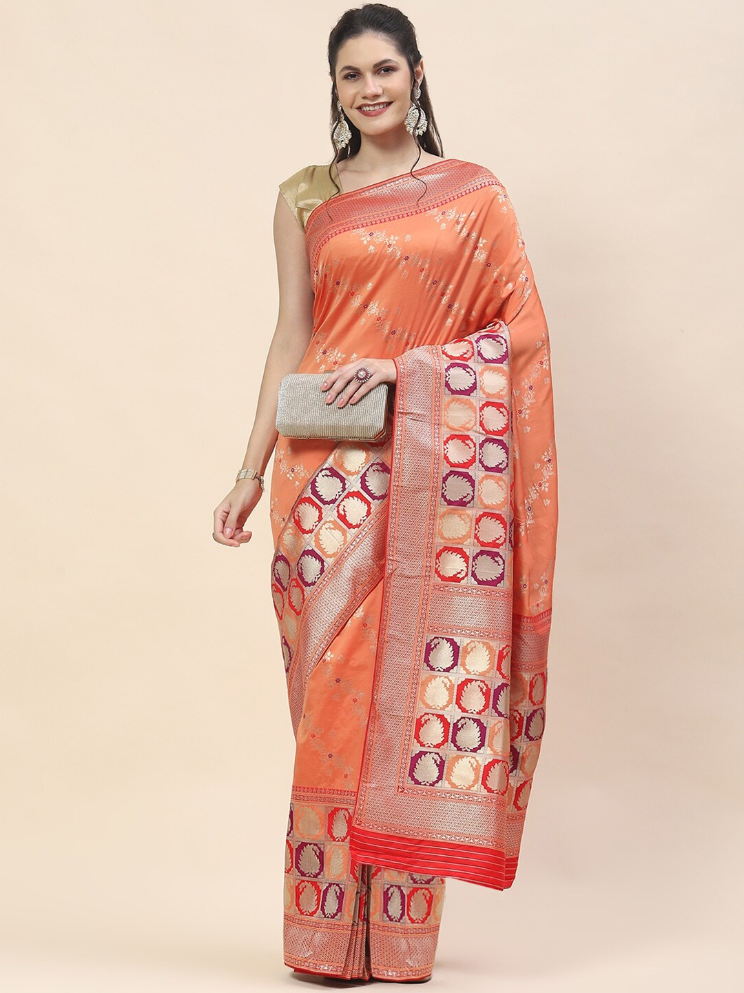 

Meena Bazaar Ethnic Motifs Woven Design Zari Banarasi Saree, Peach