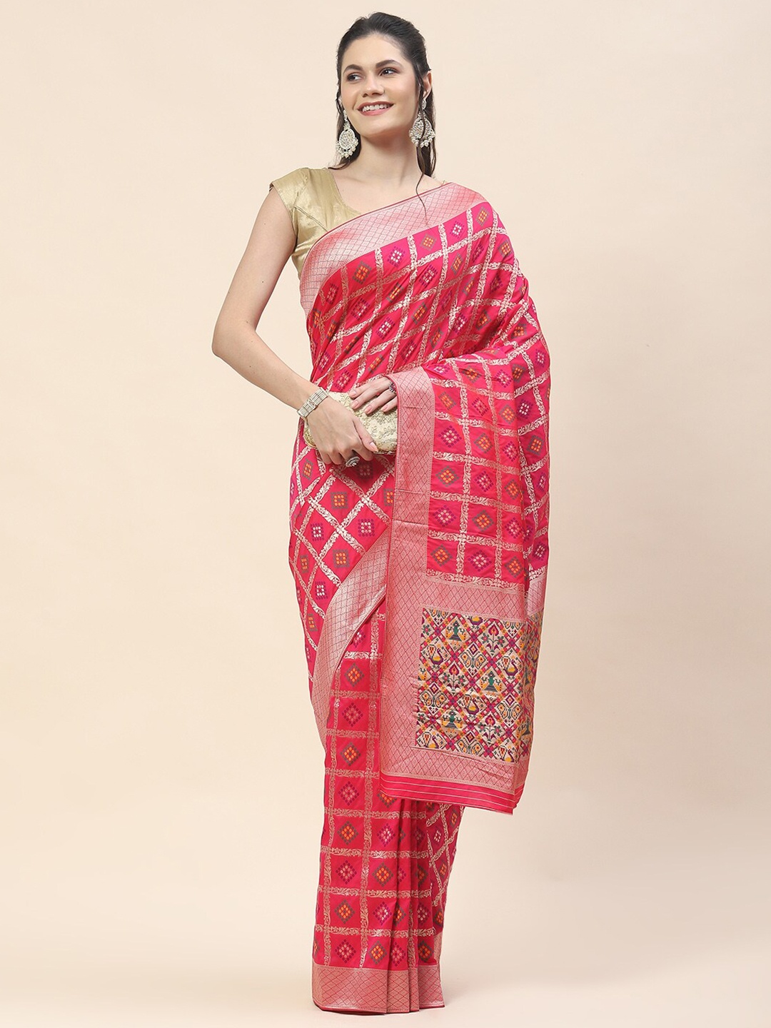 

Meena Bazaar Ethnic Motifs Woven Design Zari Banarasi Saree, Pink