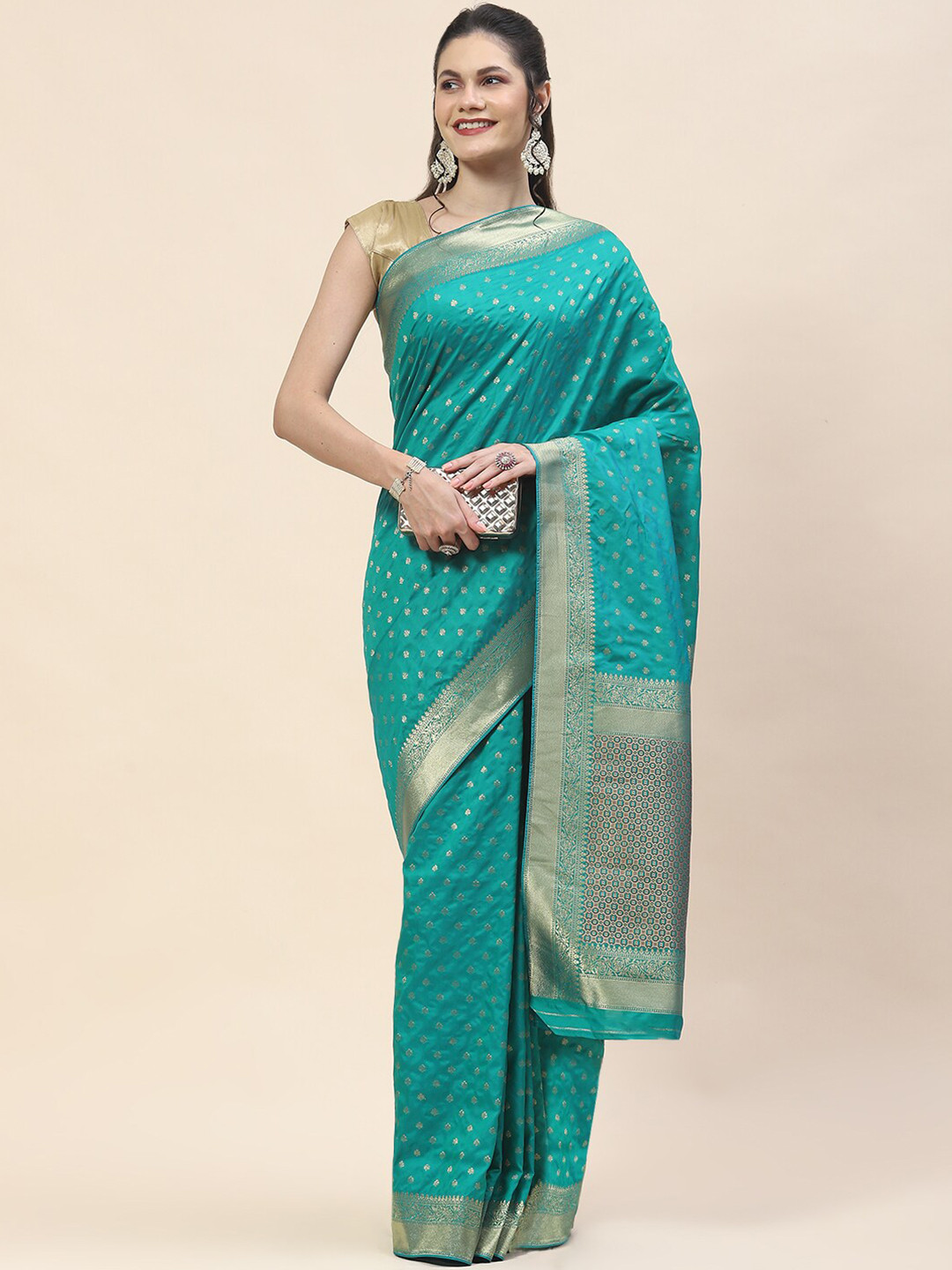 

Meena Bazaar Ethnic Motifs Woven Design Zari Banarasi Saree, Sea green