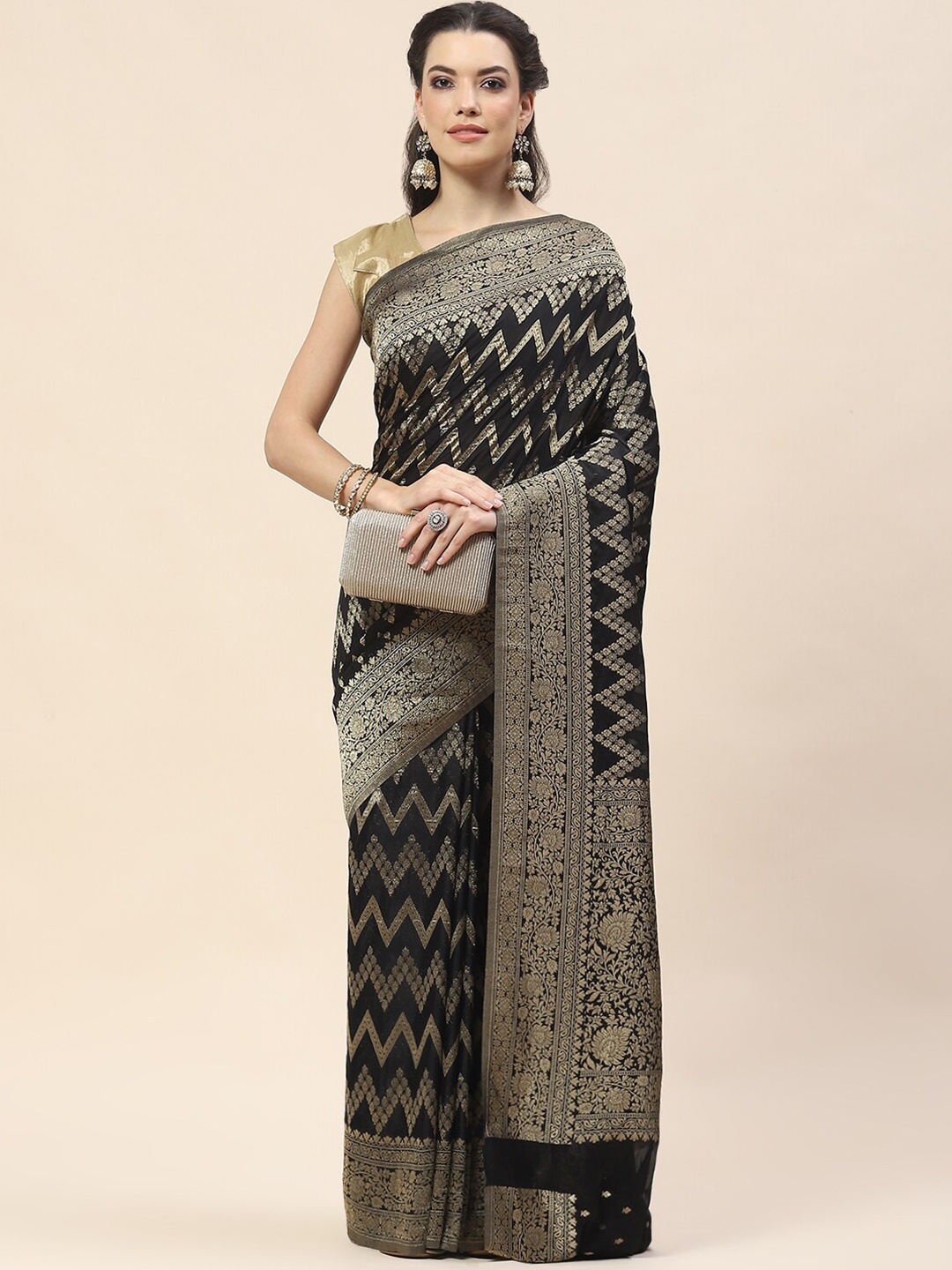 

Meena Bazaar Floral Woven Design Georgette Saree, Black
