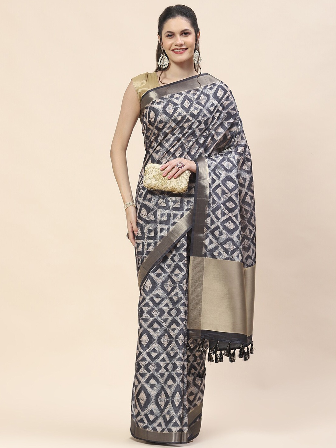 

Meena Bazaar Geometric Printed Tussar Art Silk Saree, Black