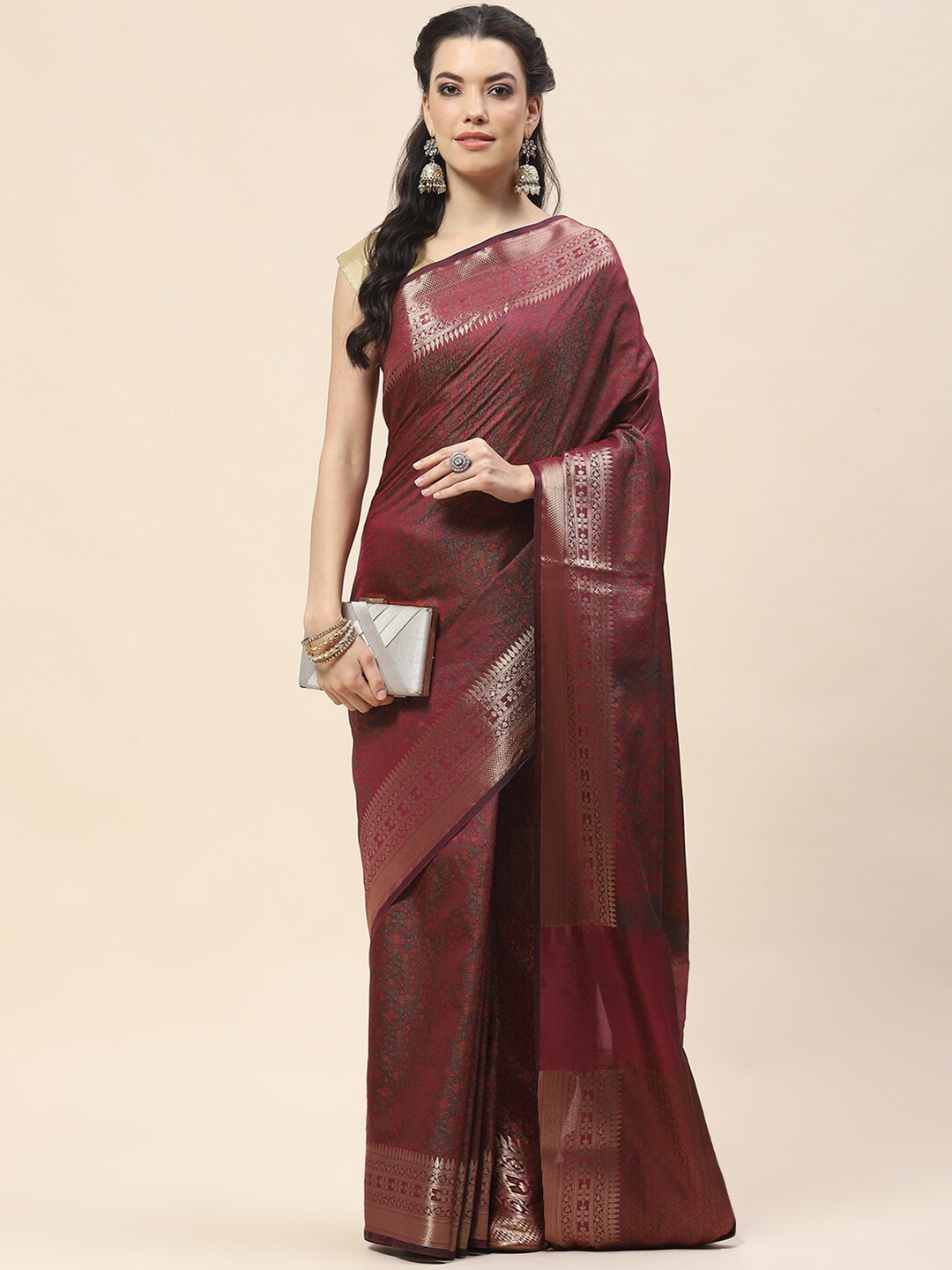 

Meena Bazaar Floral Woven Design Cotton Saree, Magenta